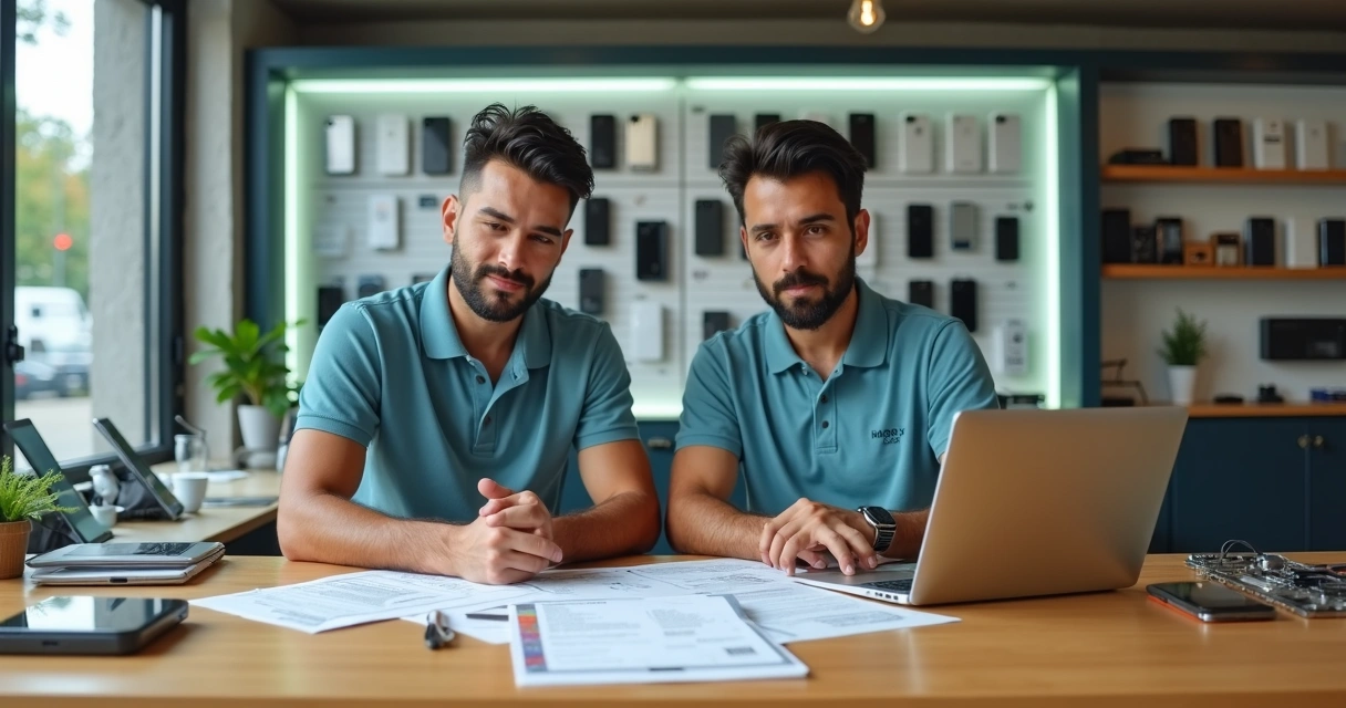 Contador e dona de loja de celular analisando documentos fiscais na bancada