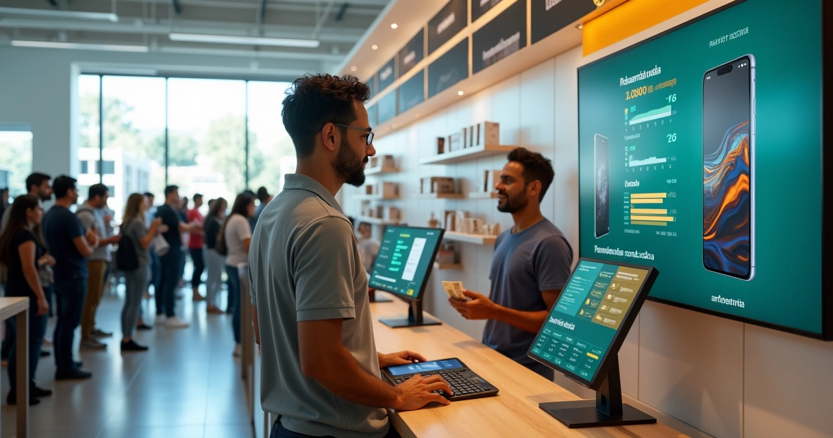 Frente de loja de celular organizada com fila para compra de novo smartphone