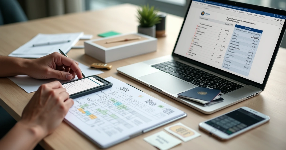 Pessoa calculando taxas de importação com iPhone e passaporte sobre a mesa