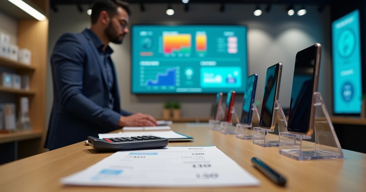 Gestor analisando margem de lucro de celulares em painel com notas fiscais e gráficos