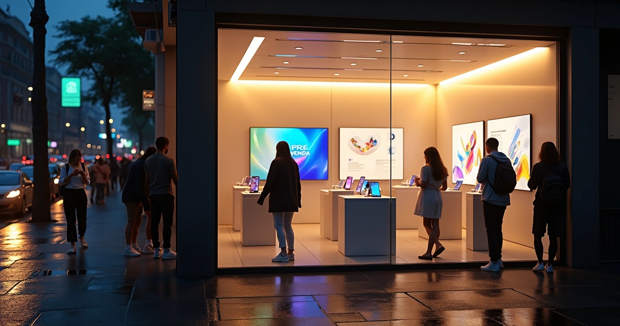 Vitrine de loja de celular exibindo smartphone de ponta em destaque no lançamento