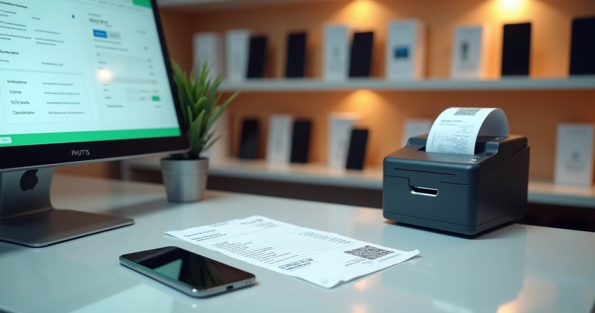 Detalhe de iPhone sobre cupom fiscal eletrônico em balcão de loja no Brasil