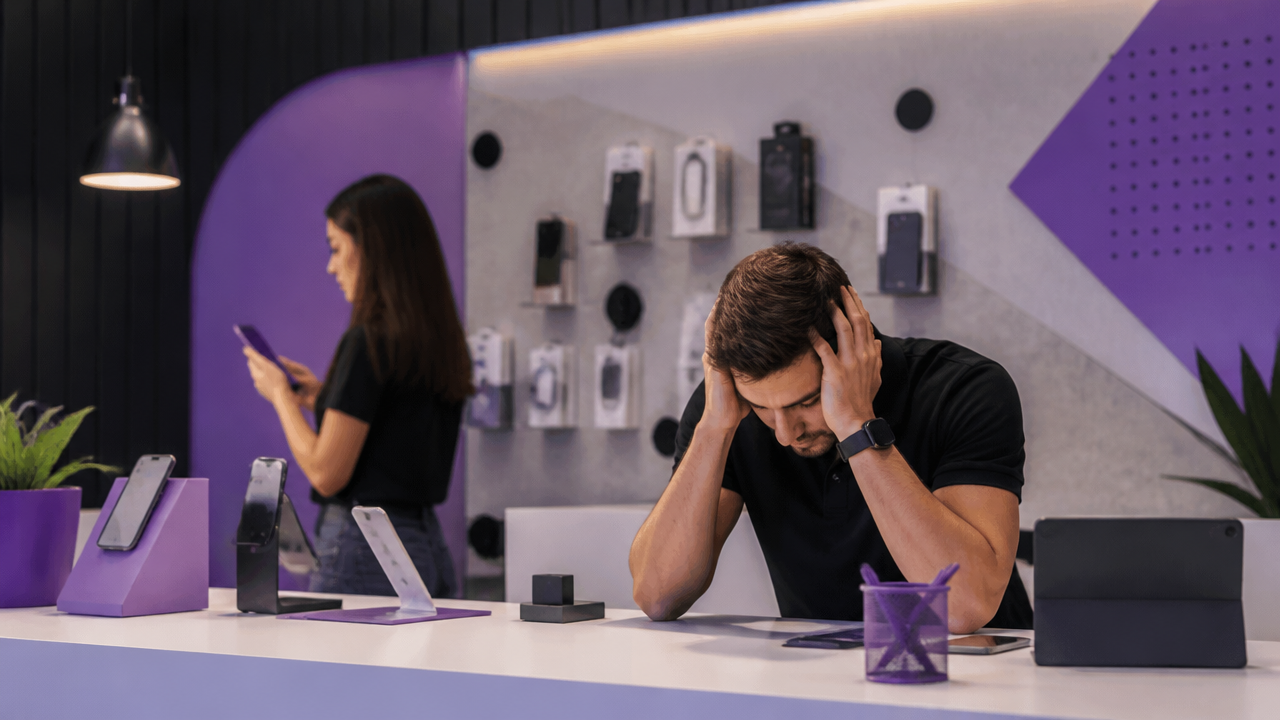 Ilustração de loja de celulares com alto volume de vendas e lucro apertado sendo analisado em um painel de indicadores