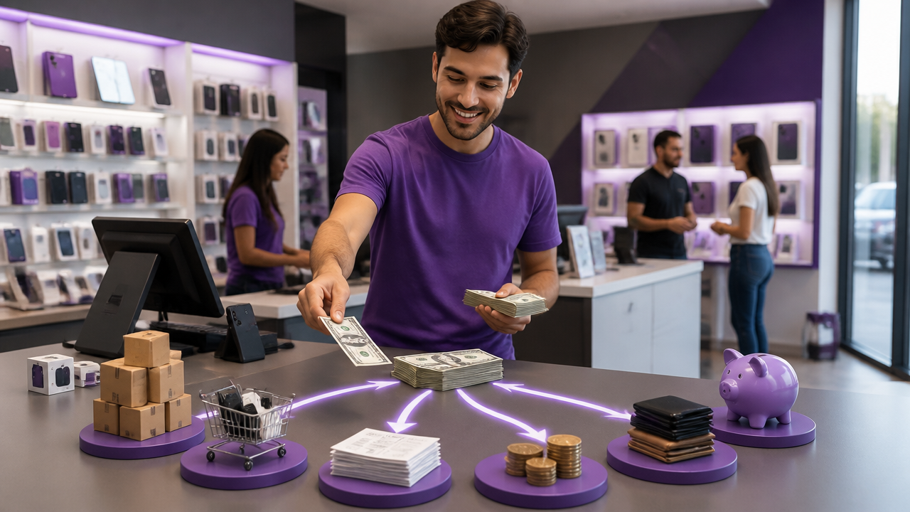 Imagem real gerada por ia de loja de celulares com vendas altas e o dinheiro sendo distribuído entre custos, despesas e caixa