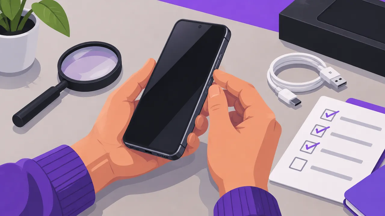 Comprador examinando a tela e a lateral de um smartphone seminovo com uma lupa e itens de verificação sobre a bancada.