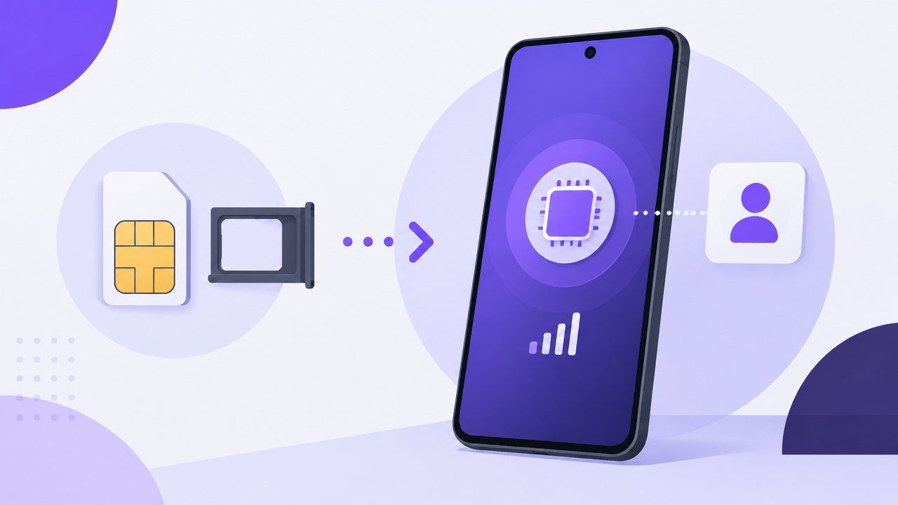 Smartphone com elementos visuais que representam um perfil de chip digital e conectividade móvel