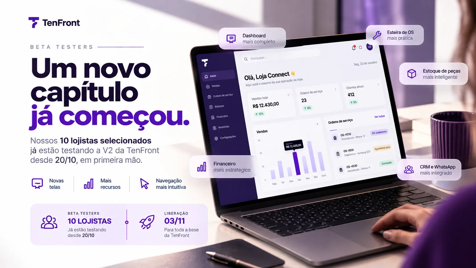 Empresária de loja de celulares analisando um painel de gestão redesenhado, com cartões visuais de vendas, estoque e caixa